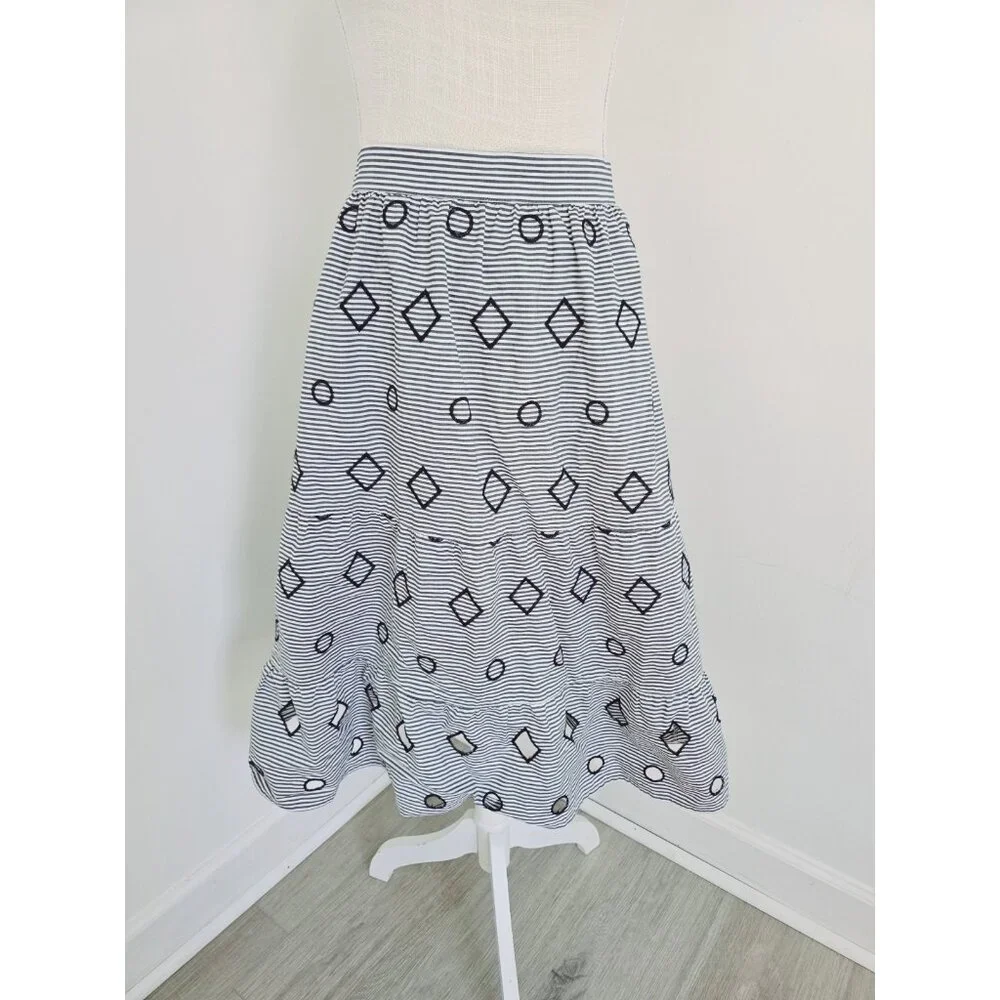 Madewell Embroidered Stripe Midi Navy White 100% Cotton Geometric Full Skirt XS - Picture 2 of 11